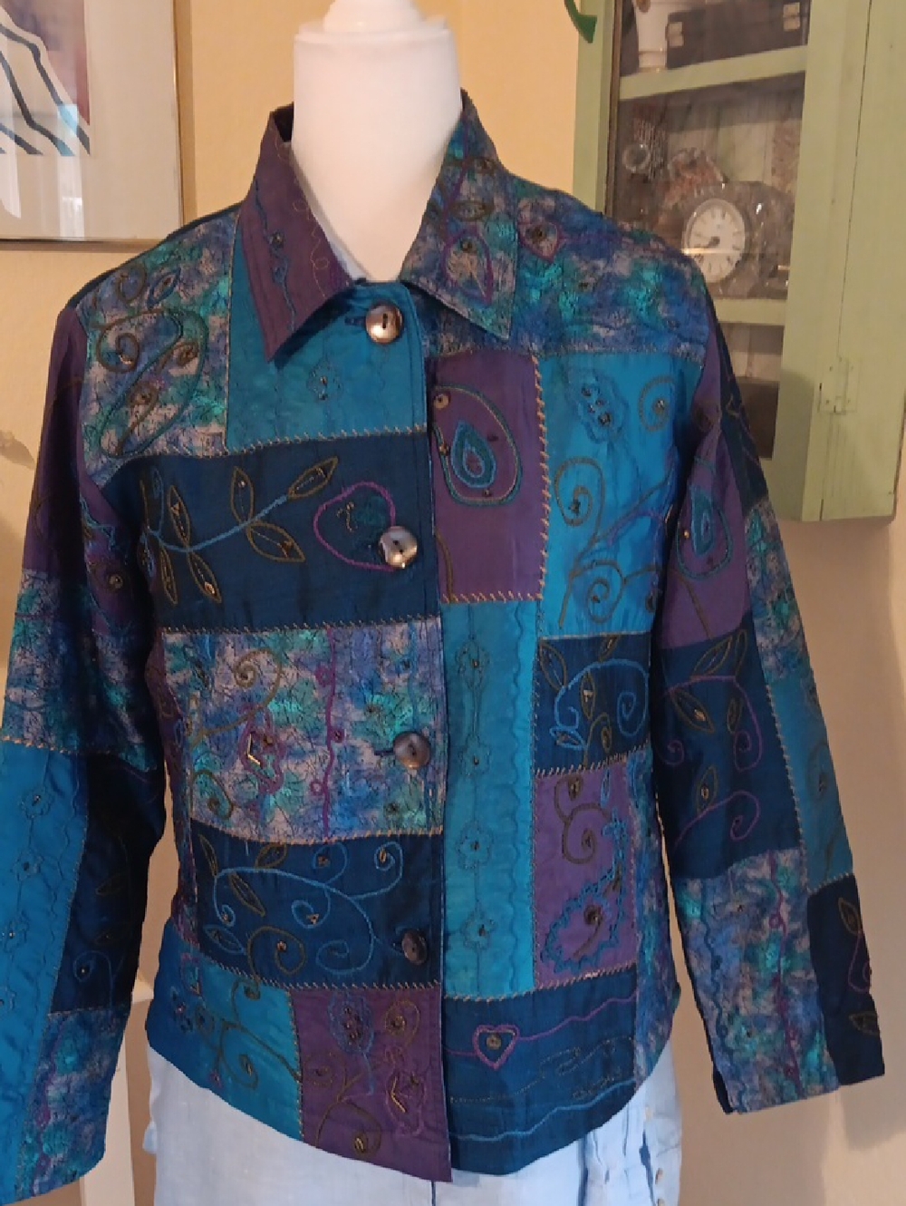 Vintage Chico's Silk Blend Patchwork Jacket. Festival. Embellished. Silk.